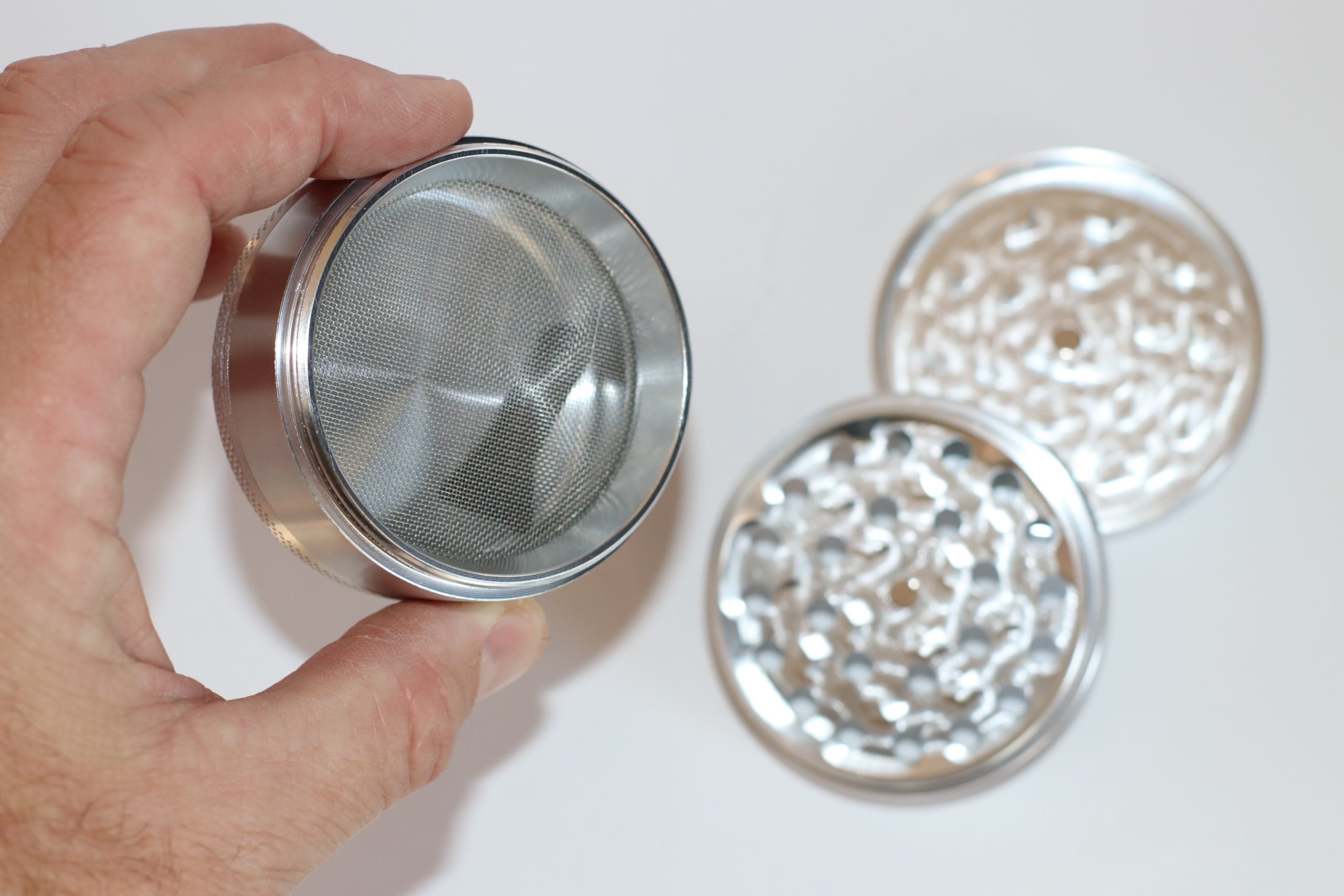 2.5" Silver Professional Grade Dried Herb Grinder- 4pc-Magnetic Lid-Filter-Sharp Grinder for Dried Herbs - 4 Piece Herb Grinder-Silver