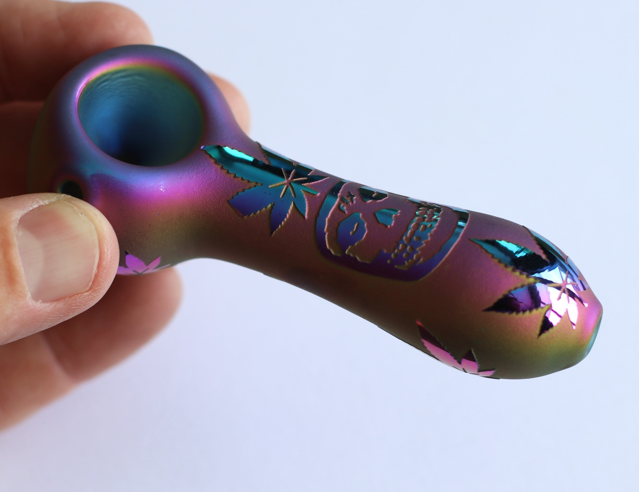 4" Glass Spoon Pipe w/colorful ceramic coating-Rainbow Skull - Glass Spoon Pipes